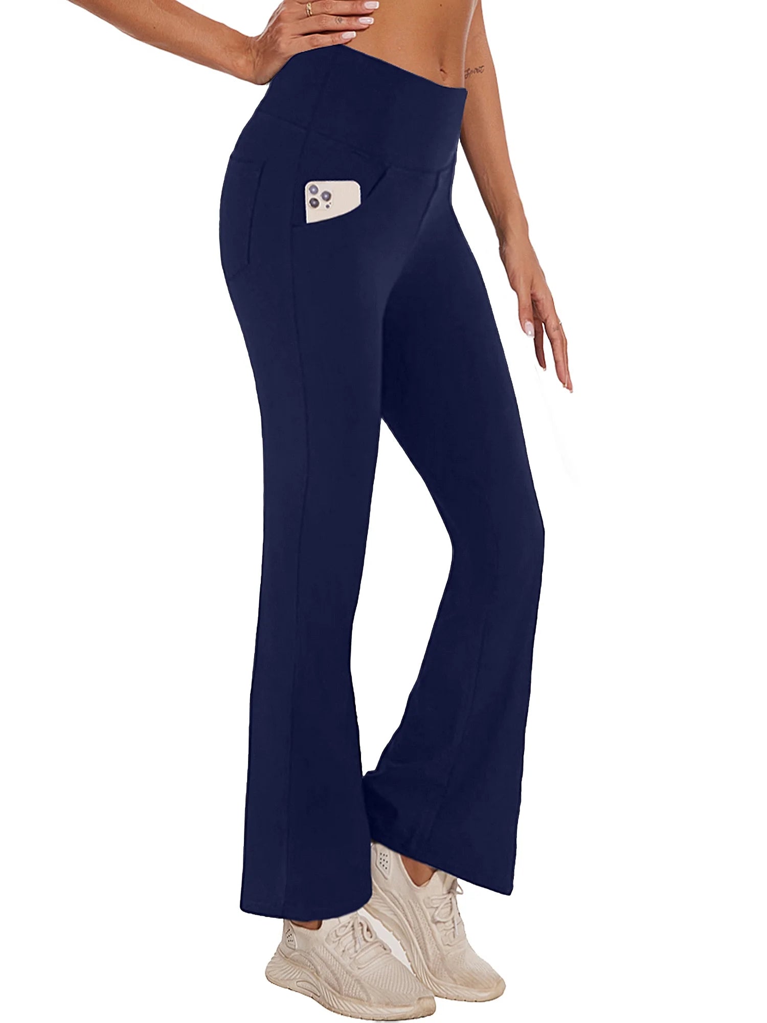 Womens Bootcut Yoga Pants with Pockets High Waist Bootleg Trousers Workout Gym Flare Legging Activewear Navy Blue M