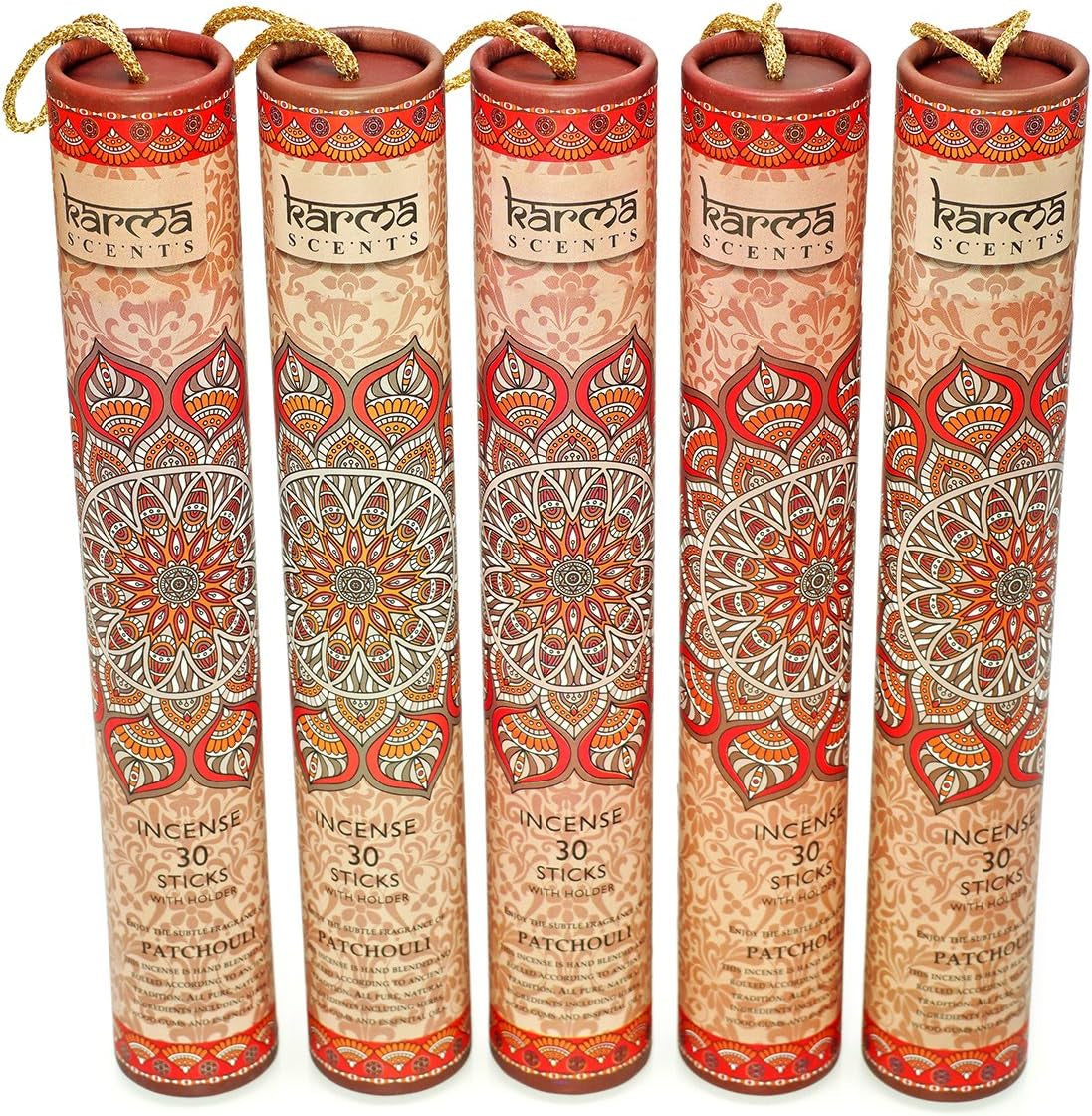 Premium Patchouli Incense Sticks, 5 Set Gift Pack with a Free Holder in Each Box. Includes 150 Sticks and Five Incense Burners | Perfect for Home Decor and Gifts.