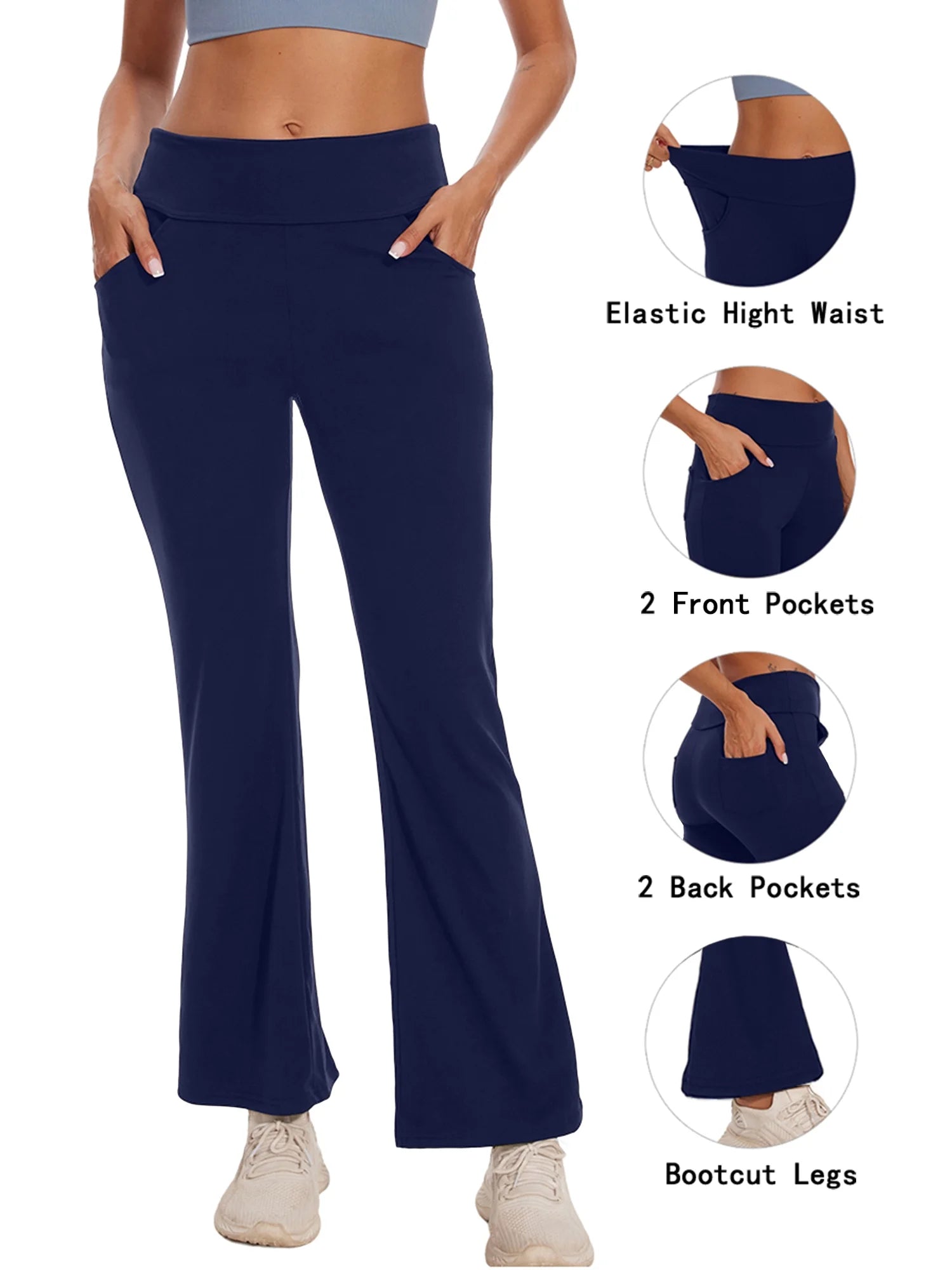 Womens Bootcut Yoga Pants with Pockets High Waist Bootleg Trousers Workout Gym Flare Legging Activewear Navy Blue M