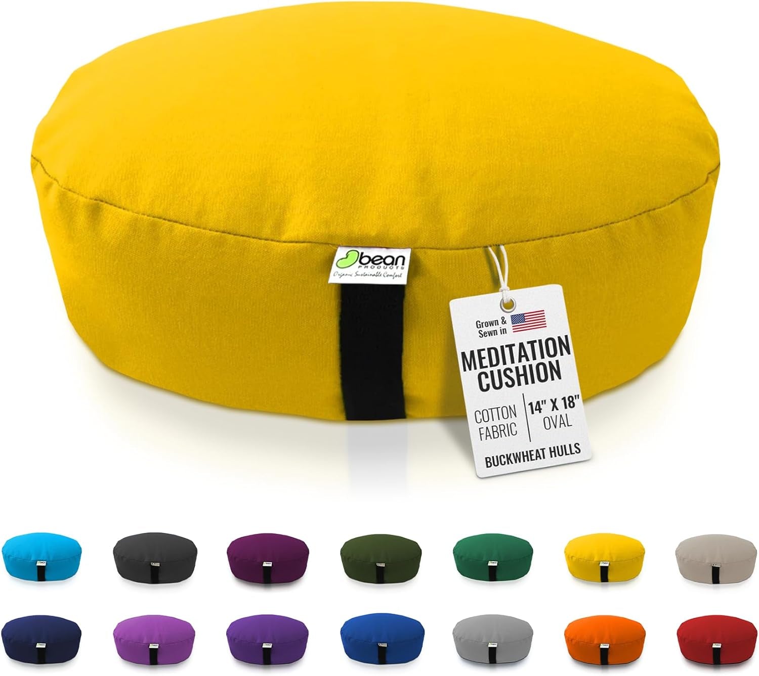 Zafu Meditation Pillows for Sitting on Floor, Yoga Cushion, Cotton/Buckwheat Fill Yoga Pillow, Zafu Meditation Cushion, Zen Kneeling Prayer Pad- Made in USA - 14"X18" Oval - Saffron