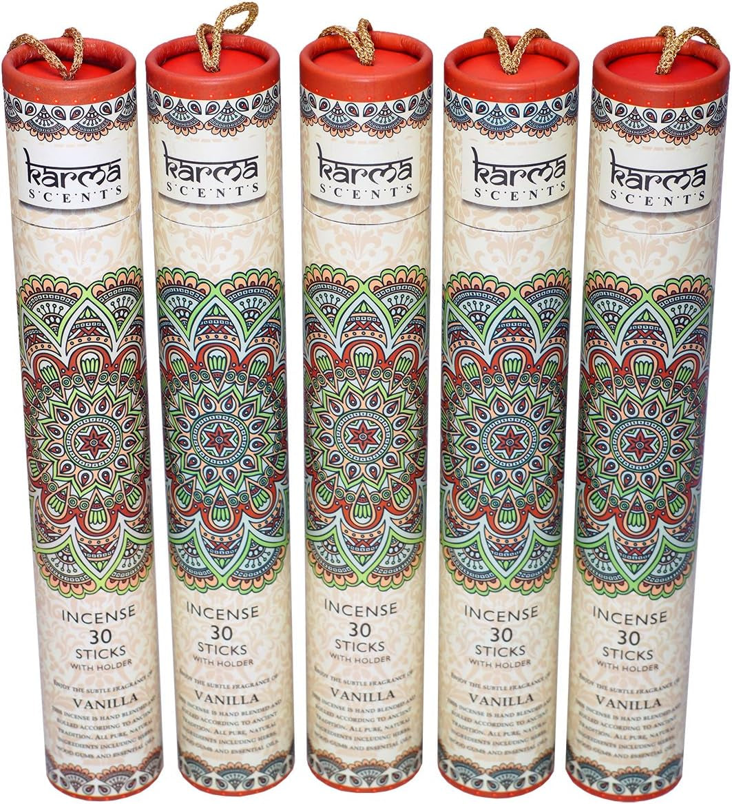 Premium Vanilla Incense Sticks, 5 Set Gift Pack with a Free Holder in Each Box. Includes 150 Sticks and Five Incense Burners | Perfect for Home Decor and Gifts.
