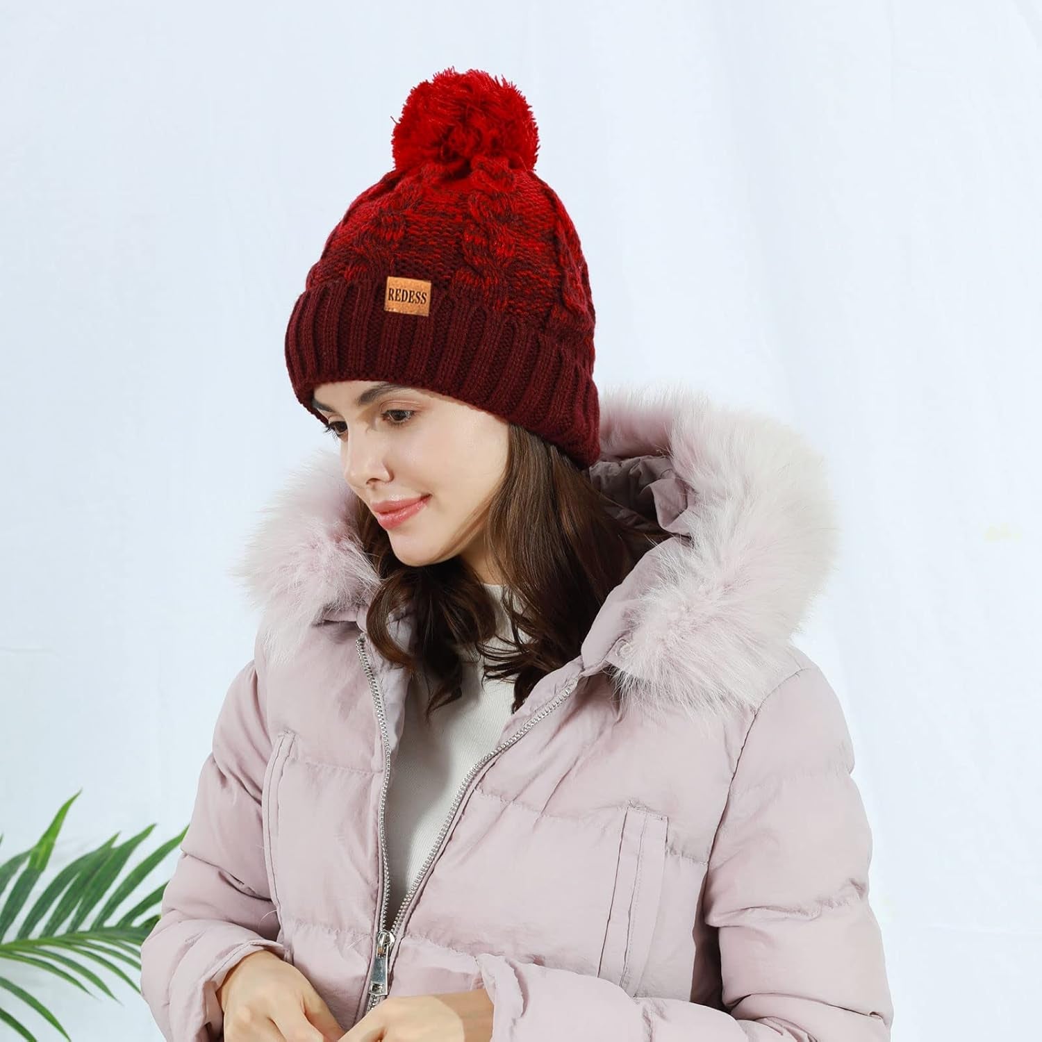 Women Winter Pompom Beanie Hat with Warm Fleece Lined, Thick Slouchy Snow Knit Skull Ski Cap