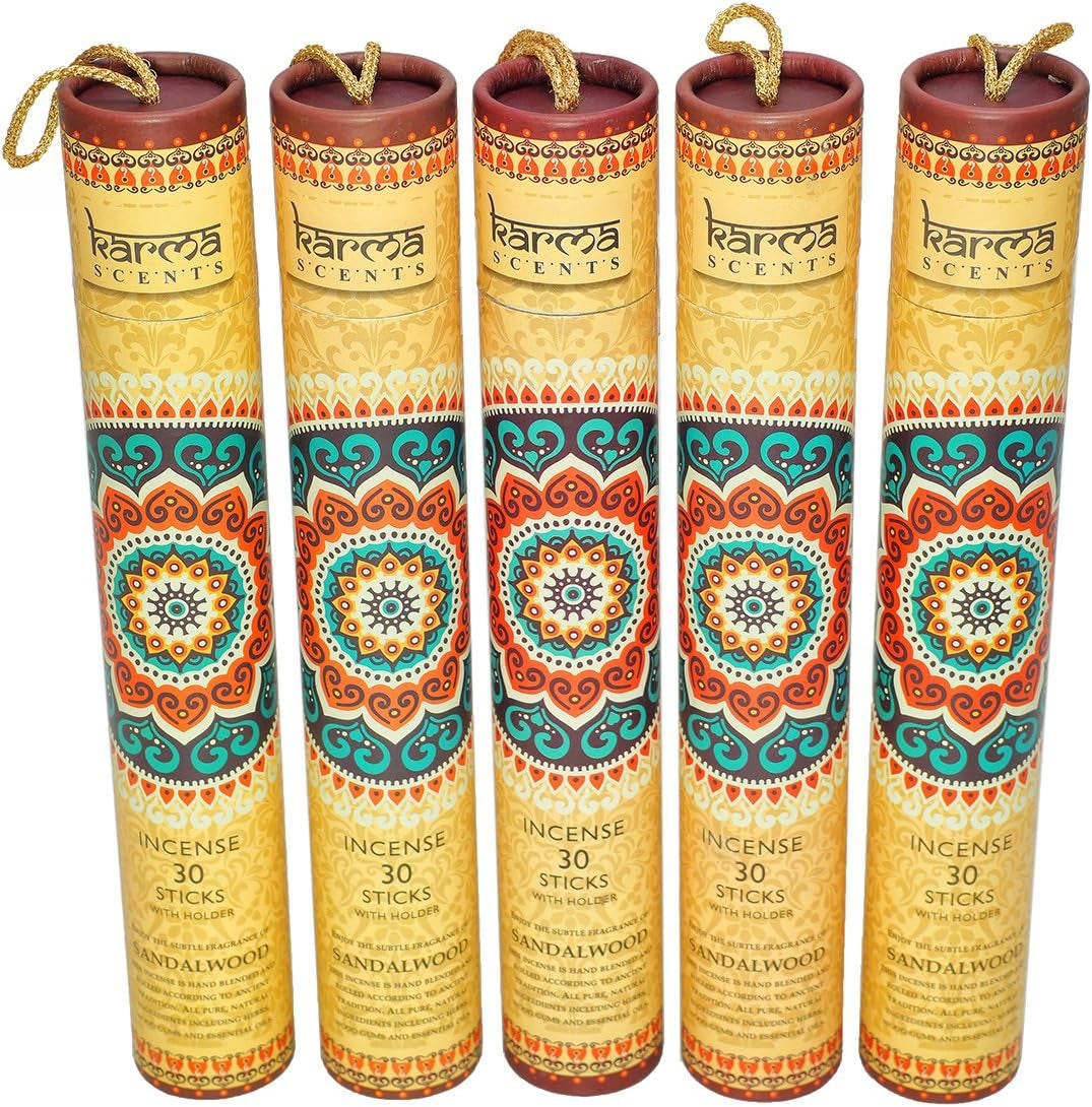 Premium Sandalwood Incense Sticks, 5 Set Gift Pack with a Free Holder in Each Box. Includes 150 Sticks and Five Incense Burners | Perfect for Home Decor and Gifts.