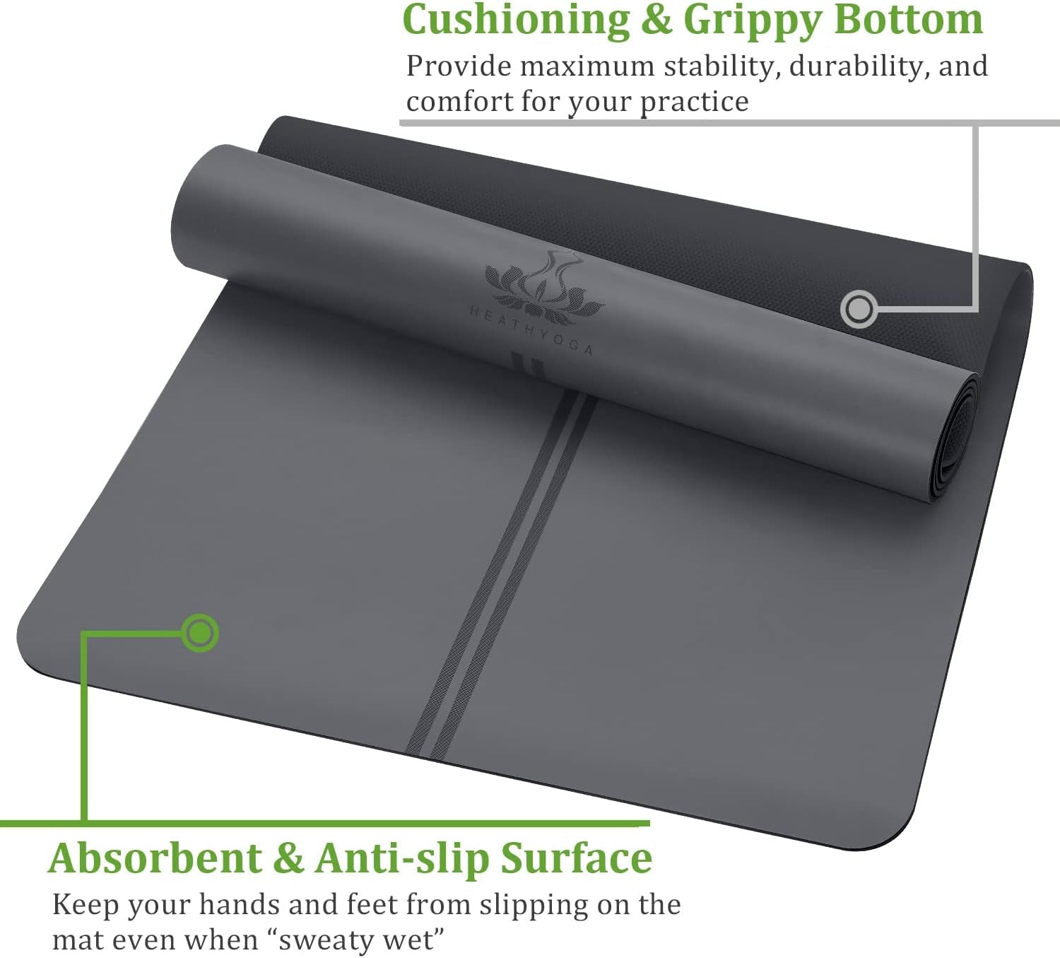 Progrip Non Slip Yoga Mat with Alignment Lines, Revolutionary Wet-Grip Surface & Eco Friendly Material, Perfect for Hot Yoga and Bikram, 72”X26” Gray
