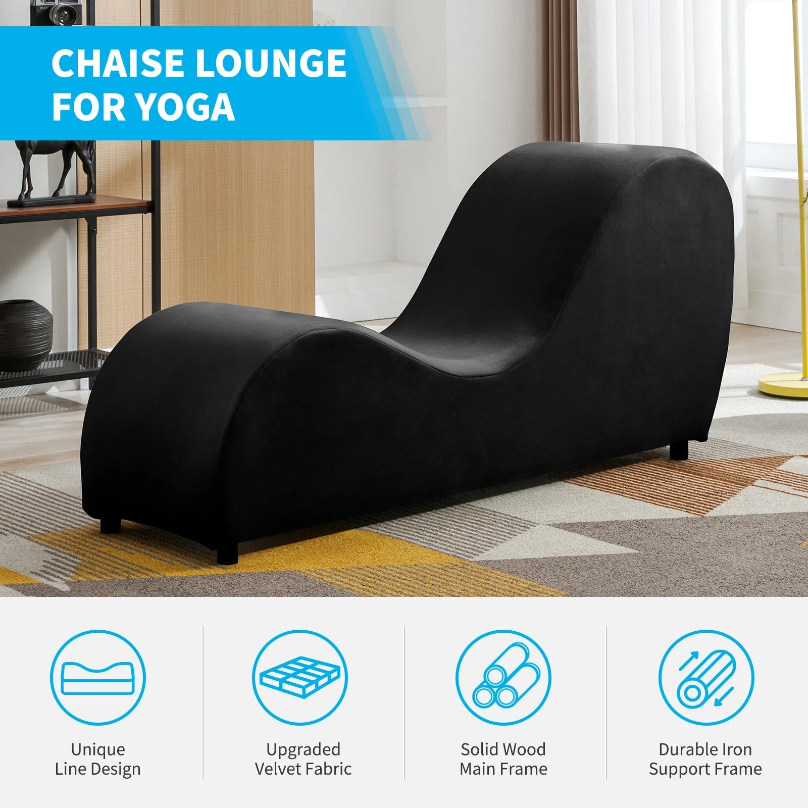 Yoga Curve Chair, Velvet Yoga Chaise Lounge Chair for Adults, Modern Yoga Couch for Stretching and Relaxation, Black