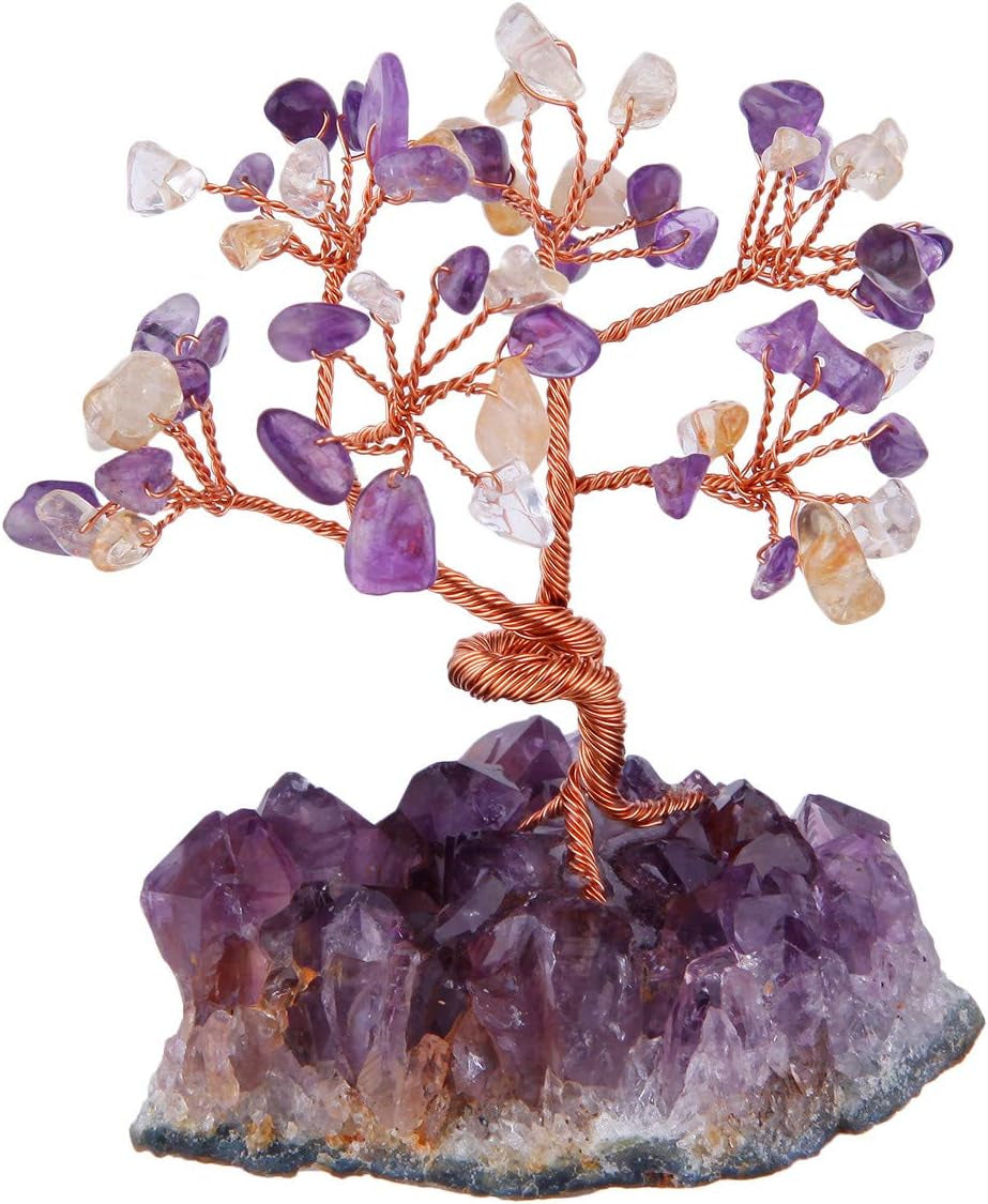 Citrine & Amethyst Crystal Tree with Amethyst Cluster Crystals Base Bonsai Money Tree for Wealth and Luck